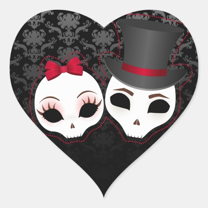 Bride & Groom Skullies (Red) Heart Stickers