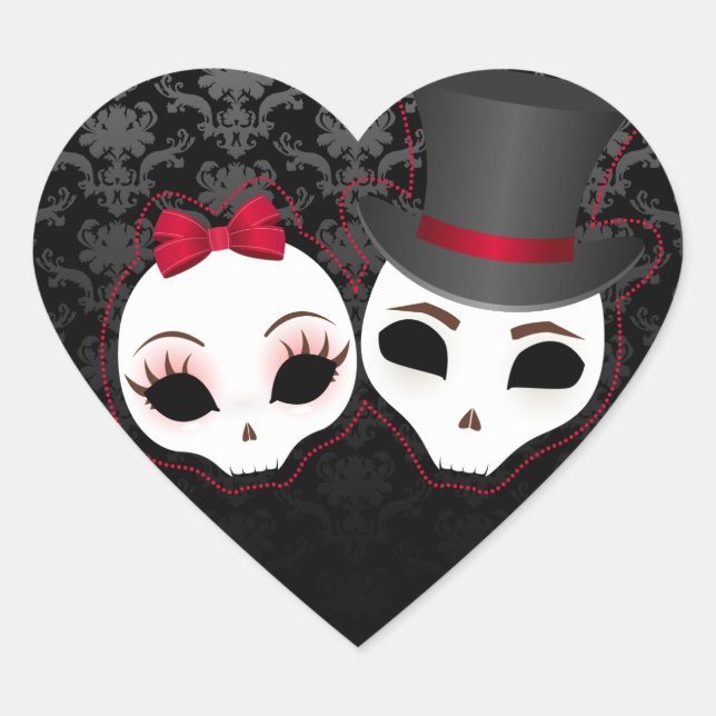 Bride & Groom Skullies (Red) Heart Stickers (Front)