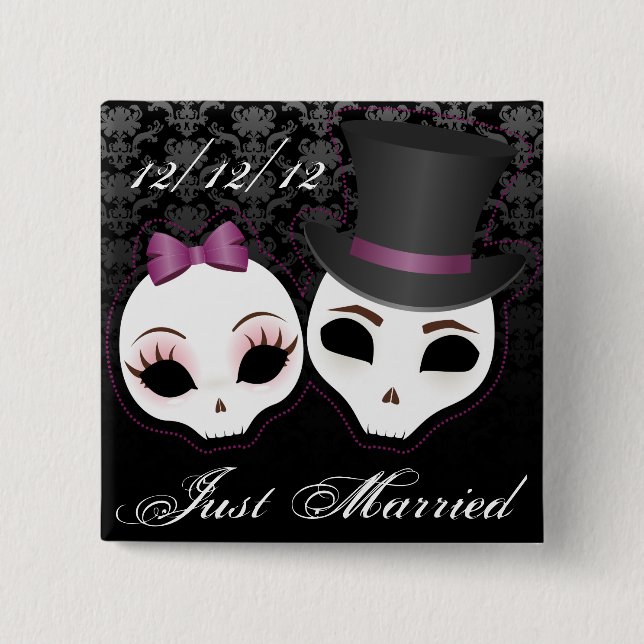Bride & Groom Skullies (Violet) Pinback Button (Front)