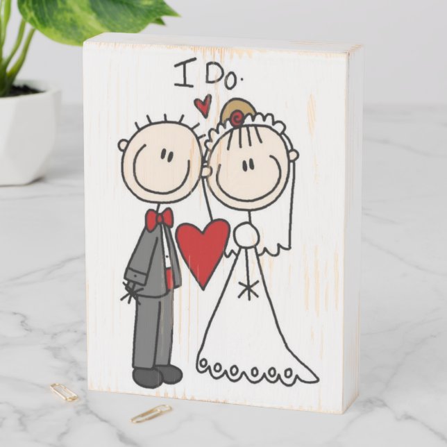 Bride & Groom Stick Figures Wedding I Do   Wooden Box Sign (In Situ Vertical)