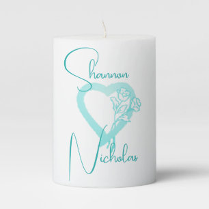 Bride & Groom Teal 'Heart & Roses' Pillar Candle