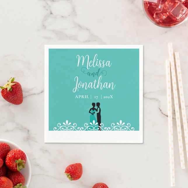 Bride Groom Teal White Elegant Wedding paper Napkins (Insitu)