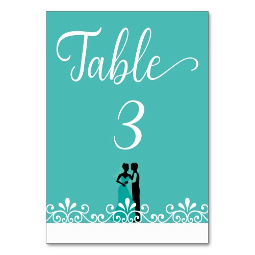 Bride Groom Teal White Elegant Wedding Table Number