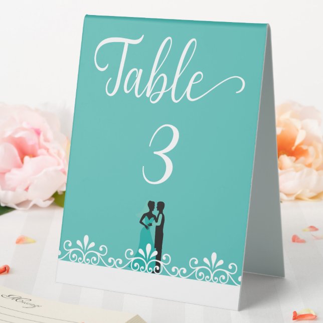 Bride Groom Teal White Elegant Wedding Table Tent (In SItu (Wedding))