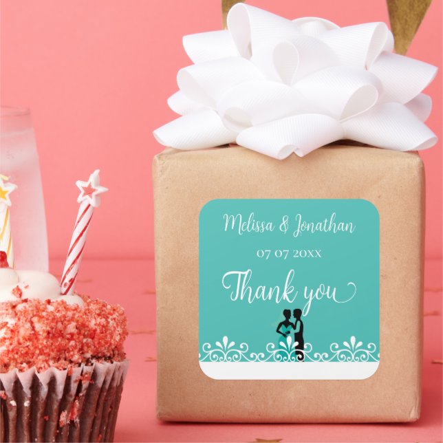 Bride Groom Teal White Elegant Wedding Thank you Square Sticker (Party)