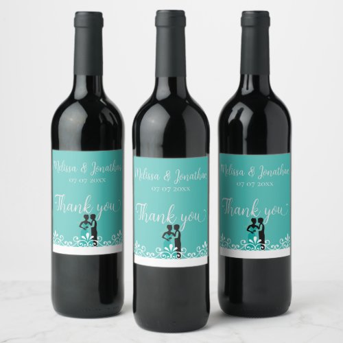 Bride Groom Teal White Elegant Wedding Thank you Wine Label