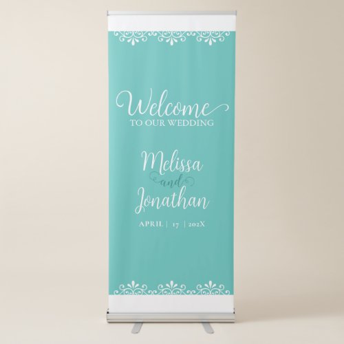 Bride Groom Teal White Elegant Wedding Welcome Retractable Banner