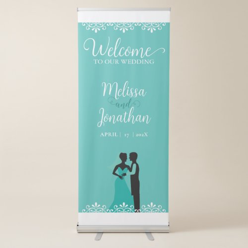 Bride Groom Teal White Elegant Wedding Welcome Retractable Banner
