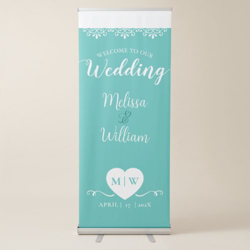Bride Groom Teal White heart Elegant Wedding  Retractable Banner