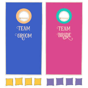 Bride Groom Text on Blue /Deep Pink Cornhole Set
