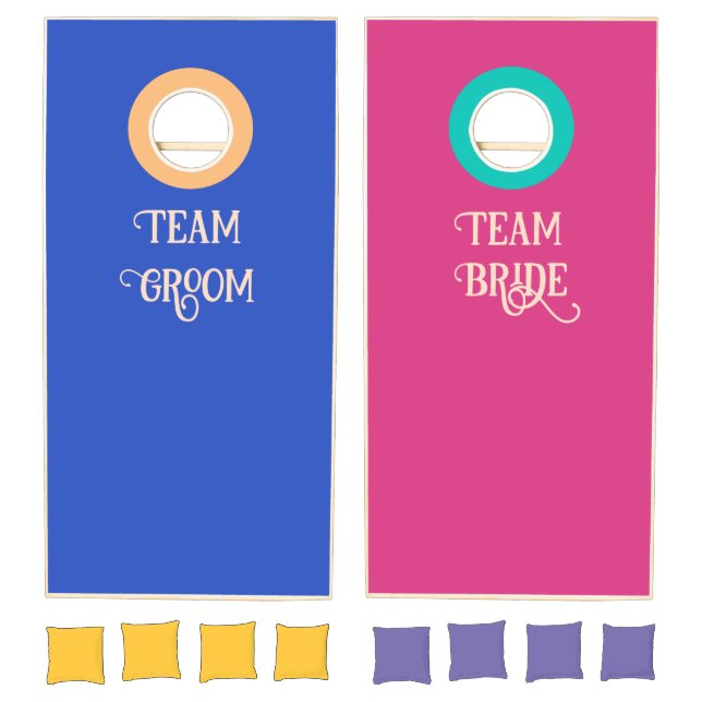 Bride Groom Text on Blue /Deep Pink Cornhole Set (Set)