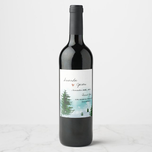 Bride Groom Thank You Winter Morning Wedding Party Wine Label (Front)
