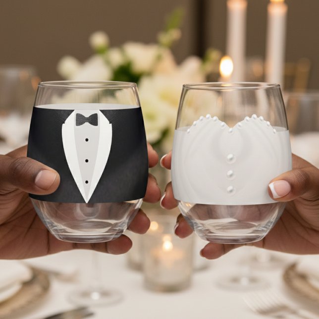 Bride & Groom Tuxedo Wedding Dress Mr. & Mrs Stemless Wine Glass (Bride & Groom Suit Wedding Dress Mr. & Mrs Stemless Wine Glass
)