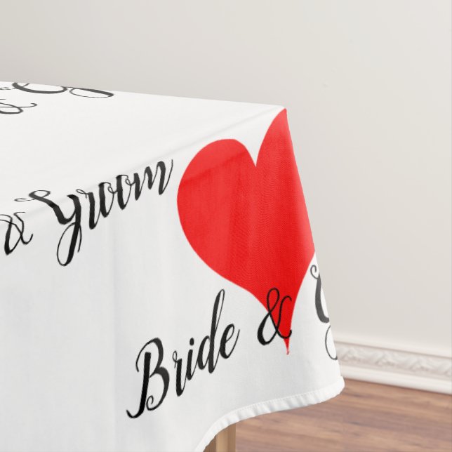 Bride Groom Typography Red Hearts Tablecloth (In Situ)