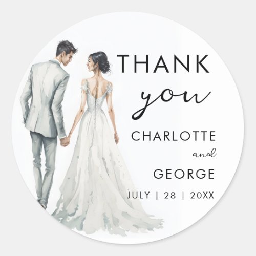 Bride Groom Watercolor Illustration wedding favors Classic Round Sticker