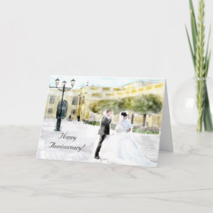 Bride & Groom Watercolor Wedding Anniversary Card