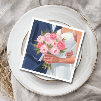 Bride & Groom Wedding Bouquet Watercolor Painted Napkins