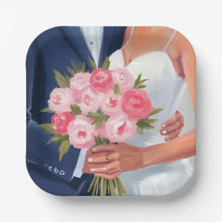 Bride & Groom Wedding Bouquet Watercolor Painted Paper Plates
