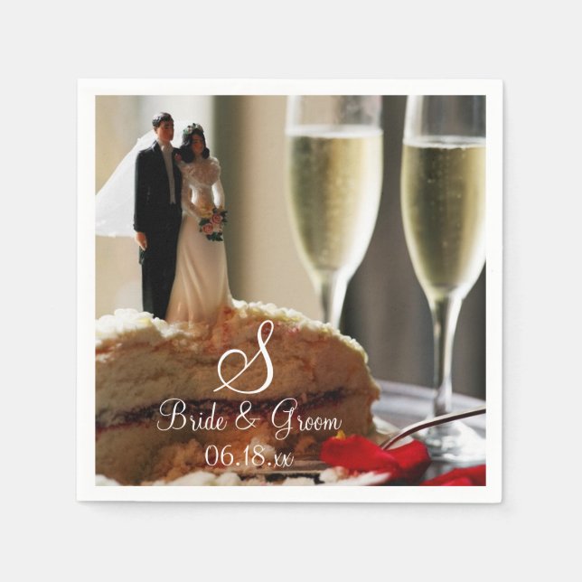 Bride Groom Wedding Cake Custom Name Date Monogram Napkins (Front)
