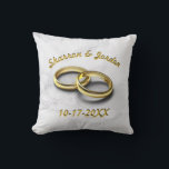 Bride & Groom Wedding Date Gold Rings Personalized Throw Pillow<br><div class="desc">Personalize with the bride and groom names and the wedding date on this design with two gold rings with modern gold typography and white marble background. You can customize the names and the wedding date to match the special day. Great design from TLS Designs.</div>