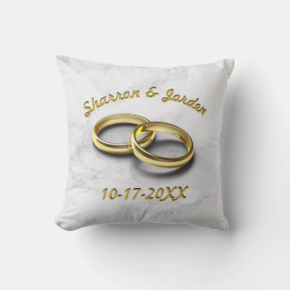 Bride & Groom Wedding Date Gold Rings Personalized Throw Pillow