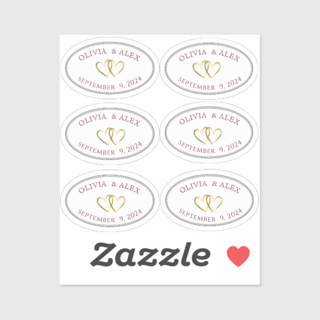 Bride Groom Wedding Date Oval with Border & Heart Sticker (Sheet)