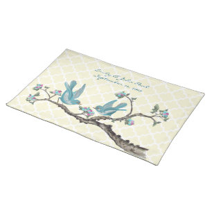 Bride & Groom Wedding Date Vintage Bird Aqua Pink Cloth Placemat