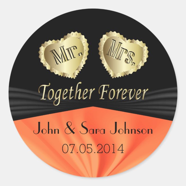 Bride & Groom Wedding in Orange | Personalize Classic Round Sticker (Front)