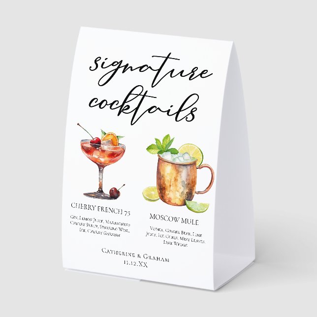 Bride Groom Wedding Signature Cocktails Menu Paper Table Tent (Front)