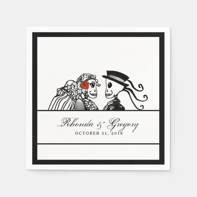 Bride & Groom Wedding Skeletons Red Rose Names Napkins (Front)