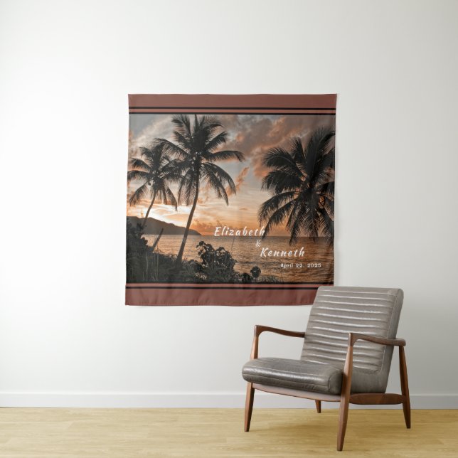 Bride Groom Wedding Tropical Sunset Custom Tapestry (In Situ)