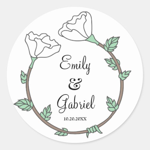 Bride Groom White Floral Wedding Ring Newlyweds  Classic Round Sticker