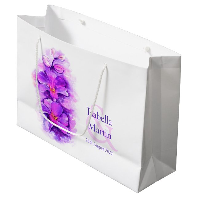 Bride groom's purple orchid wedding favor gift bag (Front Angled)