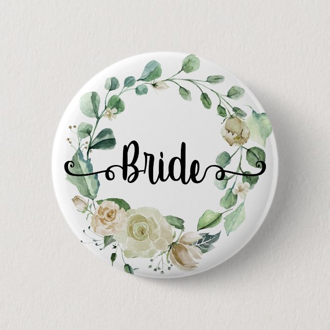 Bride Hand lettering chic calligraphy rose wreath Button (Front)