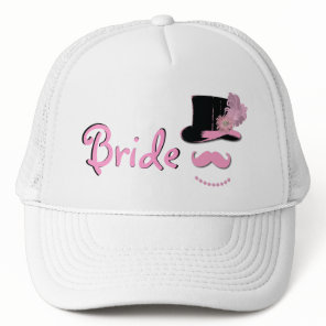Bride hat with top hat, mustache, pearls, feather