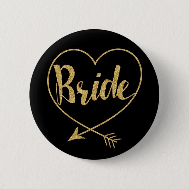 Bride | Heart Golden and Black Pinback Button (Front)