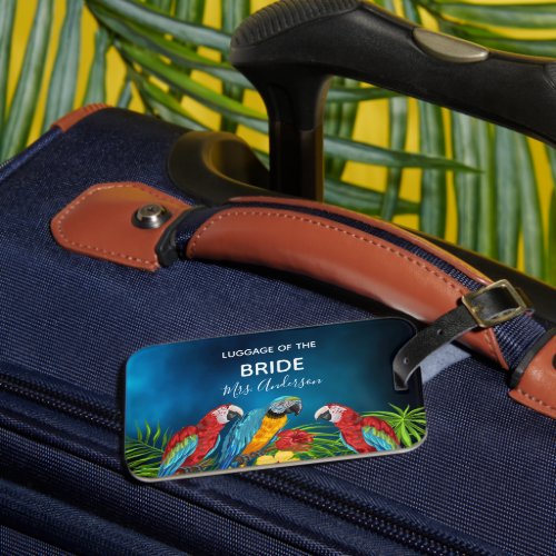 Bride honeymoon blue parrots palm tree luggage tag
