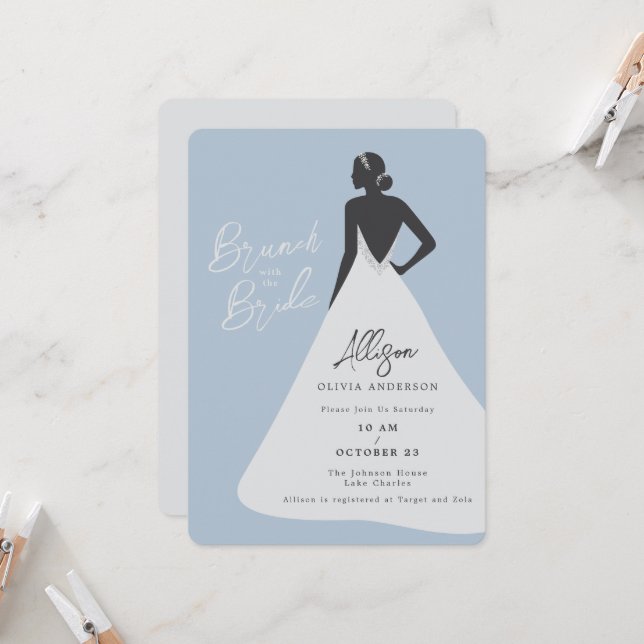 Bride Illustration in Backless Dress Bridal Brunch Invitation (Front/Back In Situ)