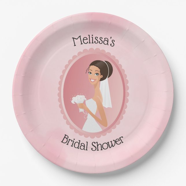 Bride in a Veil Holding Flowers Bridal Shower Paper Plates (Front)