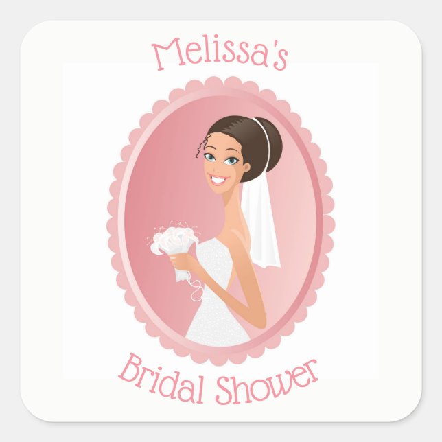 Bride in a Veil Holding Flowers Bridal Shower Square Sticker (Front)