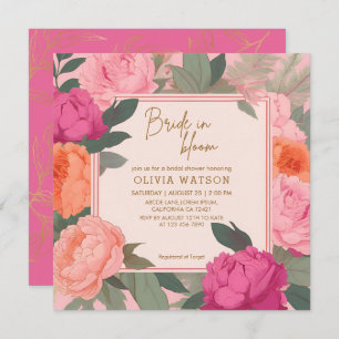 Bride in bloom pink and gold floral bridal shower invitation