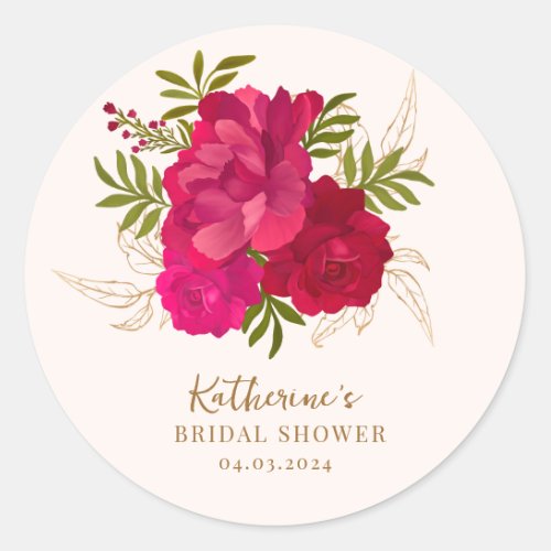 Bride in bloom rose and gold floral bridal shower classic round sticker