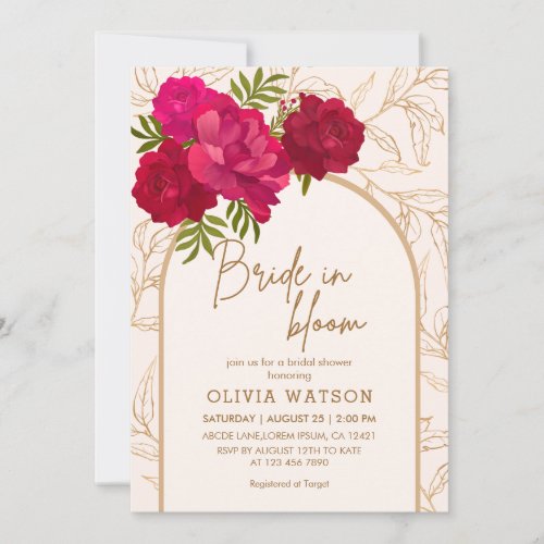 Bride in bloom rose and gold floral bridal shower invitation