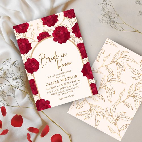 Bride in bloom rose and gold floral bridal shower invitation