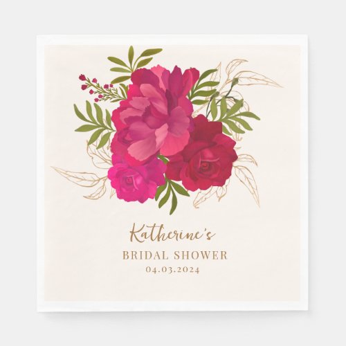 Bride in bloom rose and gold floral bridal shower napkins