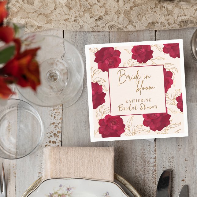 Bride in bloom rose and gold floral bridal shower napkins (Creator Uploaded)