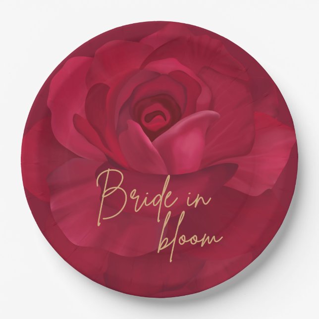 Bride in bloom rose and gold floral bridal shower paper plates (Front)
