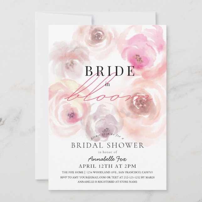 Bride in Bloom Watercolor Rose Bridal Shower Invitation (Front)
