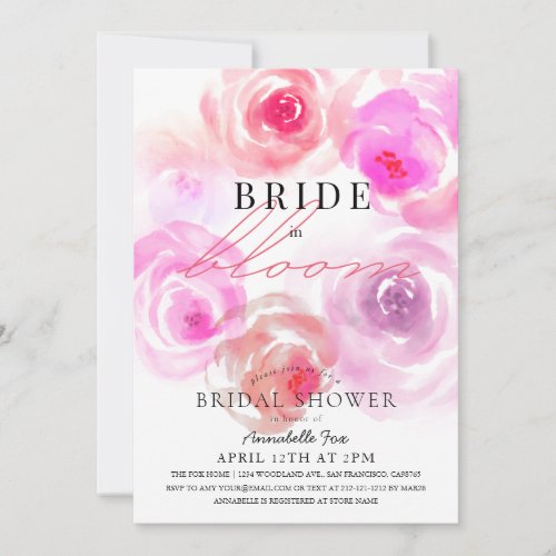Bride in Bloom Watercolor Rose Bridal Shower Invitation