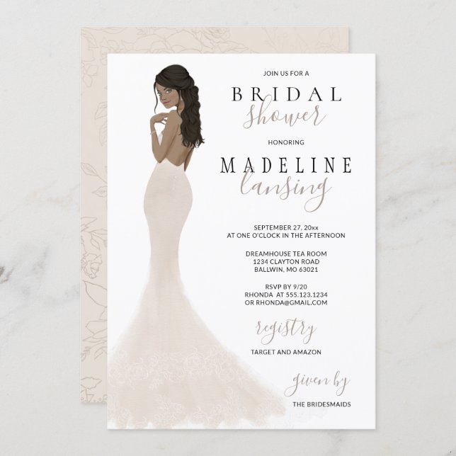 Bride in Champagne Lace Gown Bridal Shower Invitat Invitation (Front/Back)